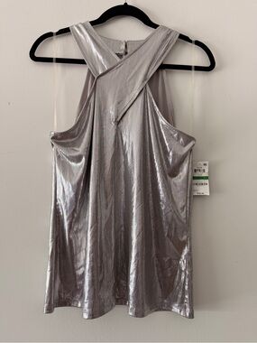 INC International Concept Women’s Silver Metallic Halter Top Party Blouse Large
